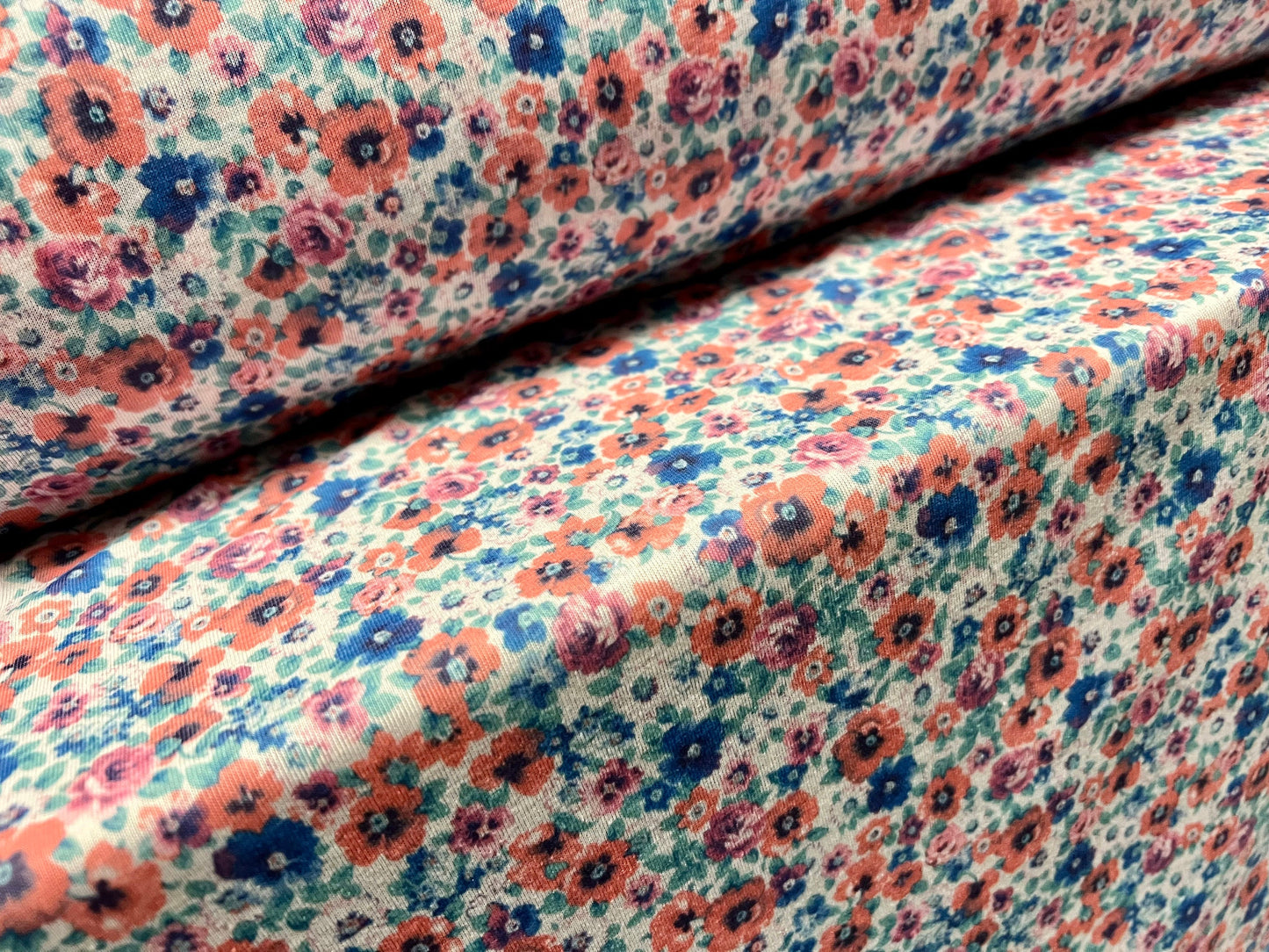 Soft handle single jersey fabric, per metre - small flower ditsy print - pink & blue