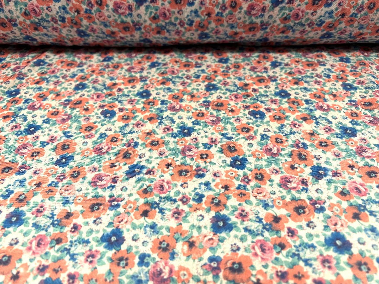 Soft handle single jersey fabric, per metre - small flower ditsy print - pink & blue