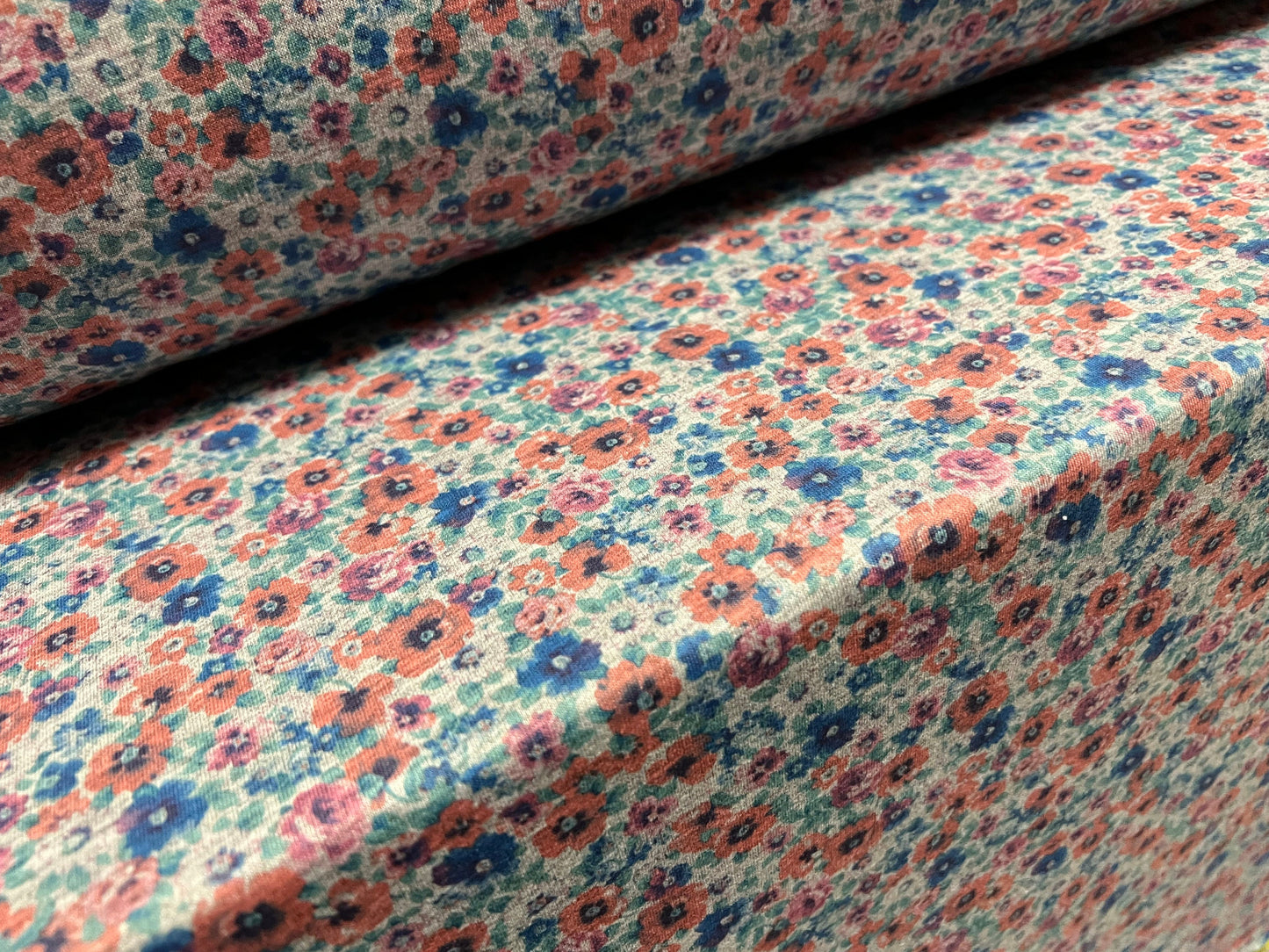 Soft handle loopback stretch spandex jersey fabric, per metre - small flower ditsy print - pink & blue on grey marl