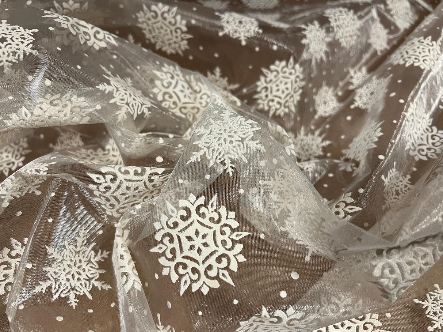 Crystal organza fabric with flocked snowflake design, per metre - cream