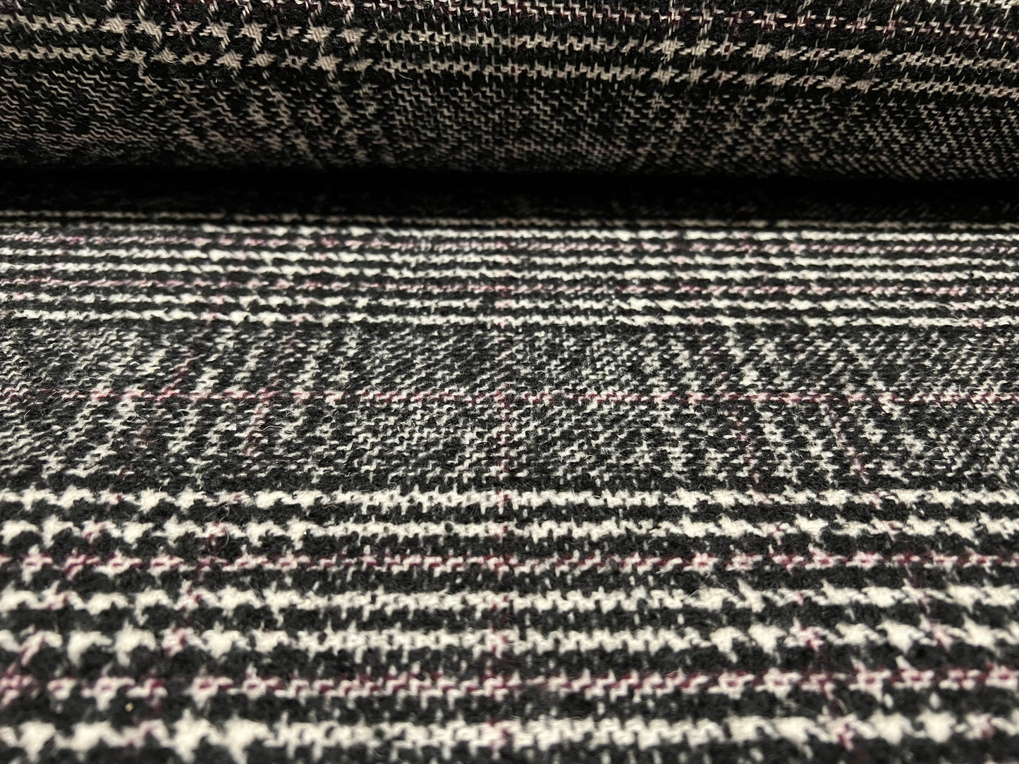 Wool blend heavyweight Bouclé fabric, per metre - Prince of Wales check design - charcoal & pink