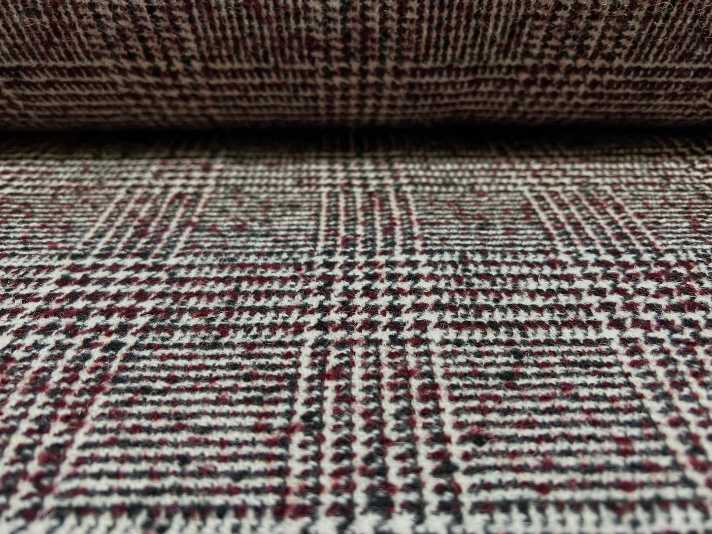 Wool blend bouclé coat jacket fabric, per metre - check design - black & wine