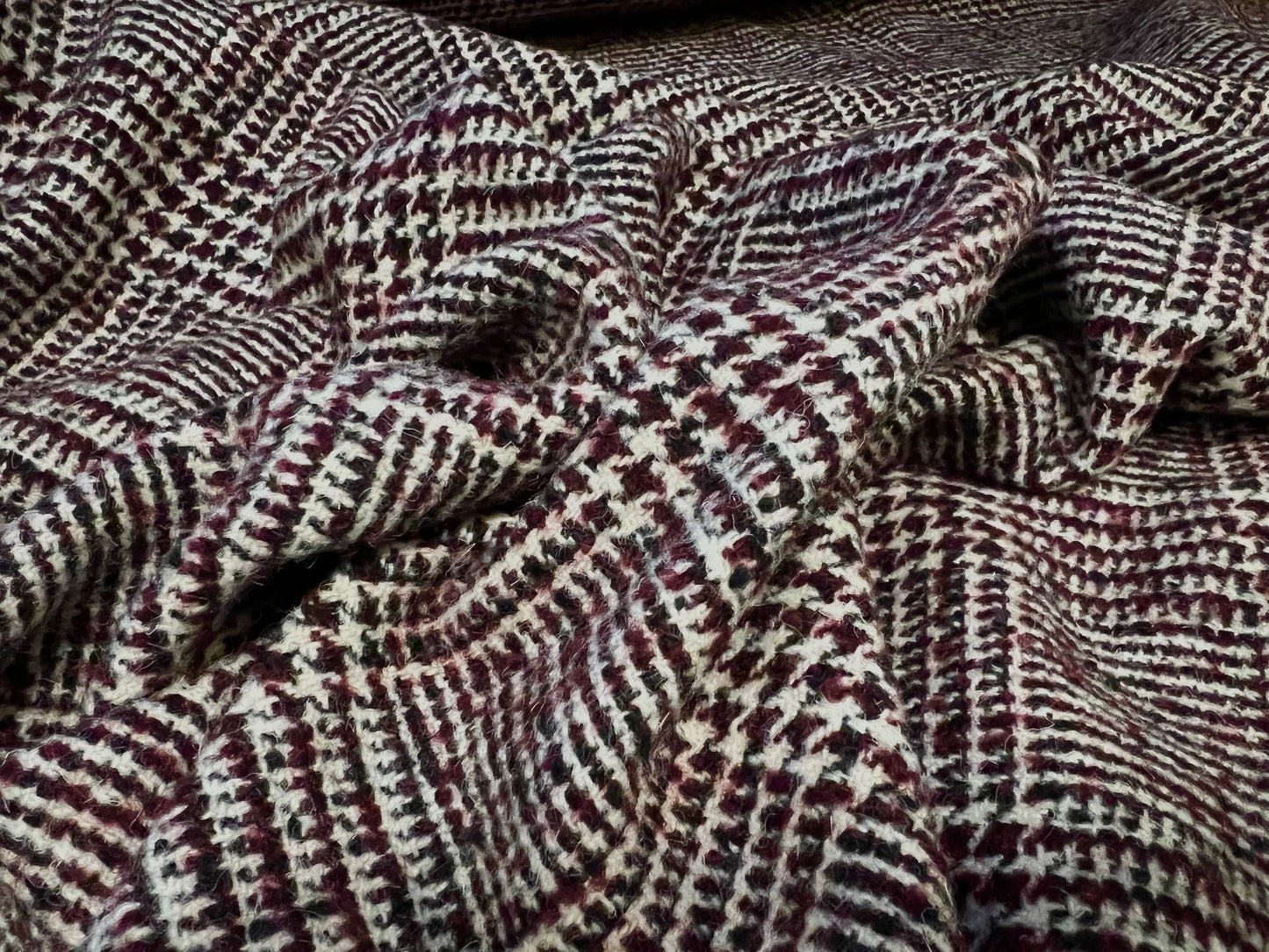 Wool blend bouclé coat jacket fabric, per metre - check design - black & wine