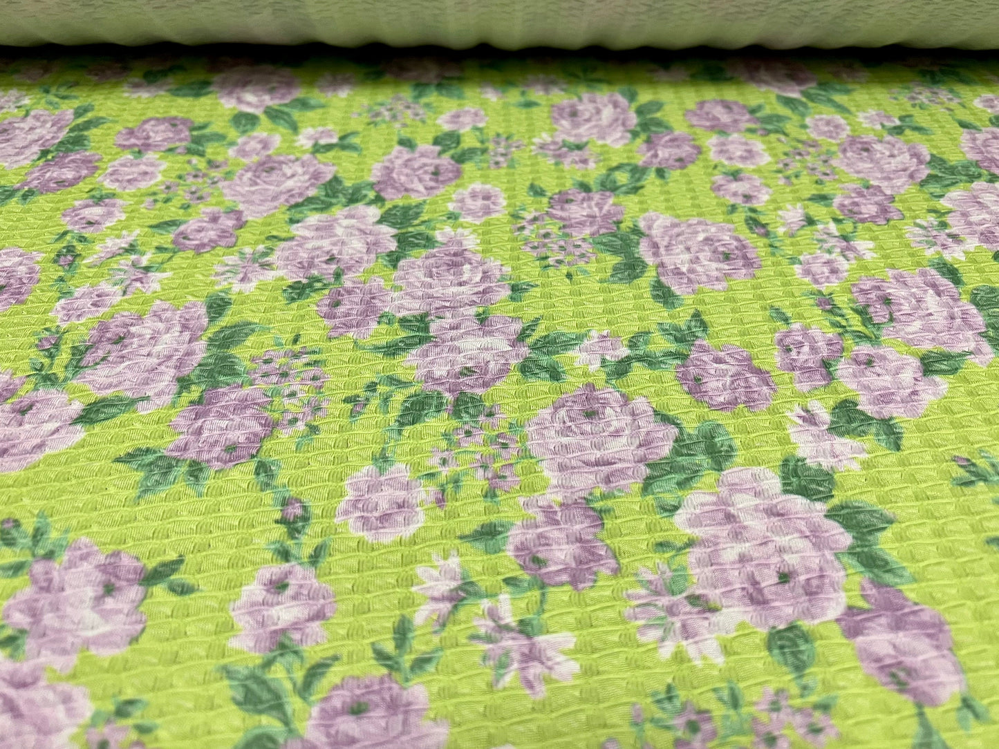 Stretch spandex jacquard jersey dress fabric, per metre - flower print - green & lilac