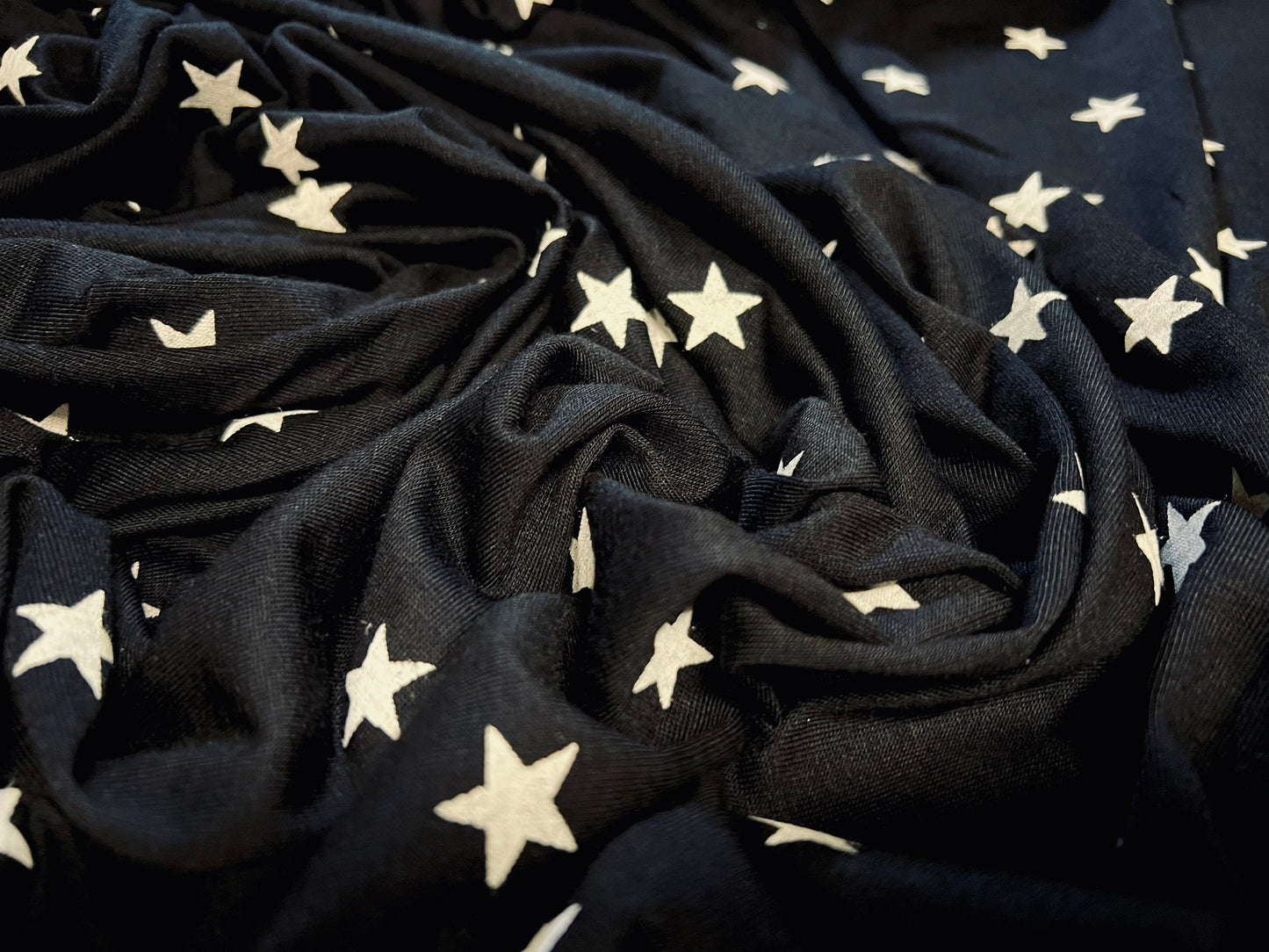 Viscose spandex stretch jersey fabric, per metre - black with white stars print