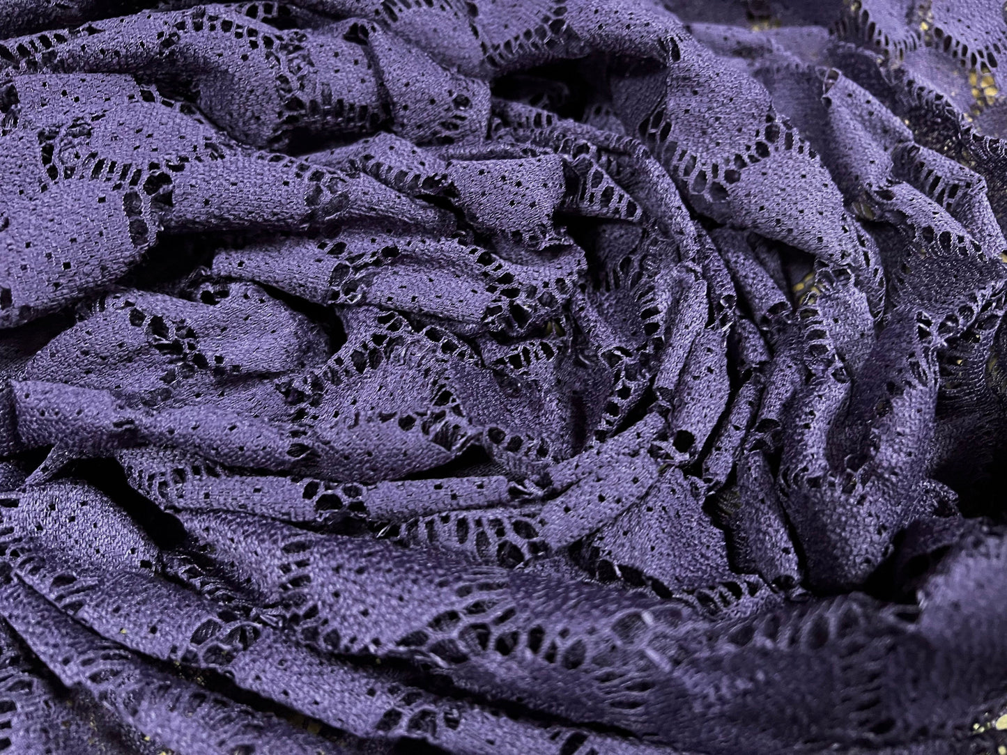 Crochet lace knit jersey fabric, per metre - circular geometric design - purple