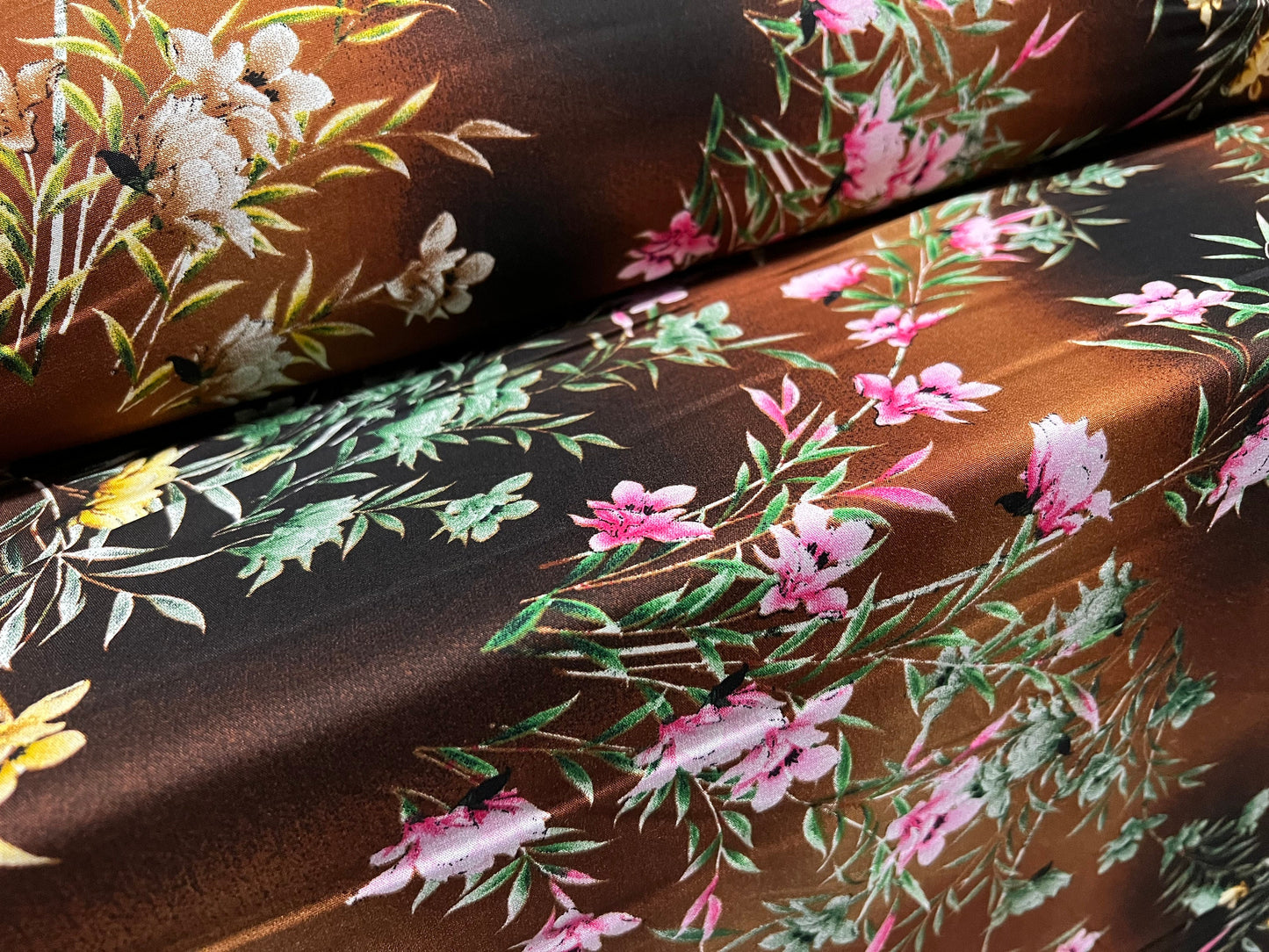 Soft woven viscose challis fabric, per metre - floral print - chocolate brown & pink