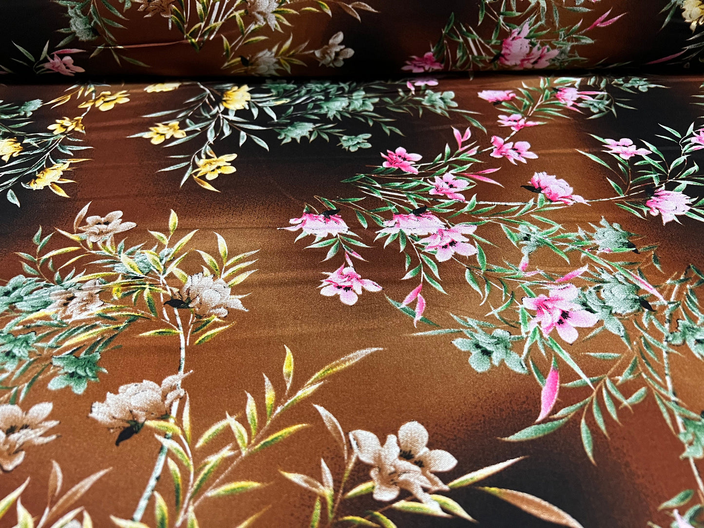 Soft woven viscose challis fabric, per metre - floral print - chocolate brown & pink