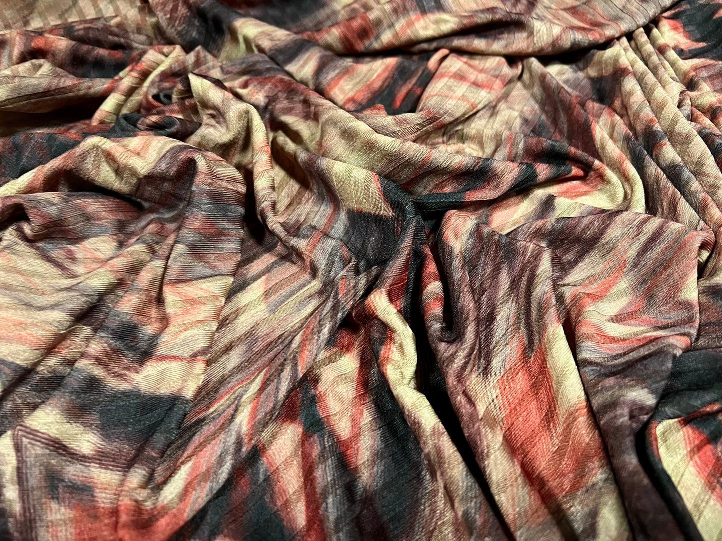 Spandex stretch rib jersey fabric, per metre - abstract leaf print - stone & red