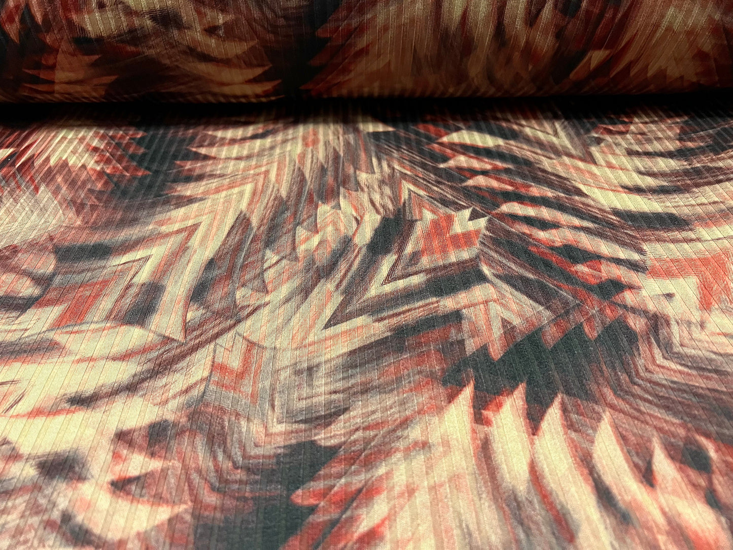 Spandex stretch rib jersey fabric, per metre - abstract leaf print - stone & red