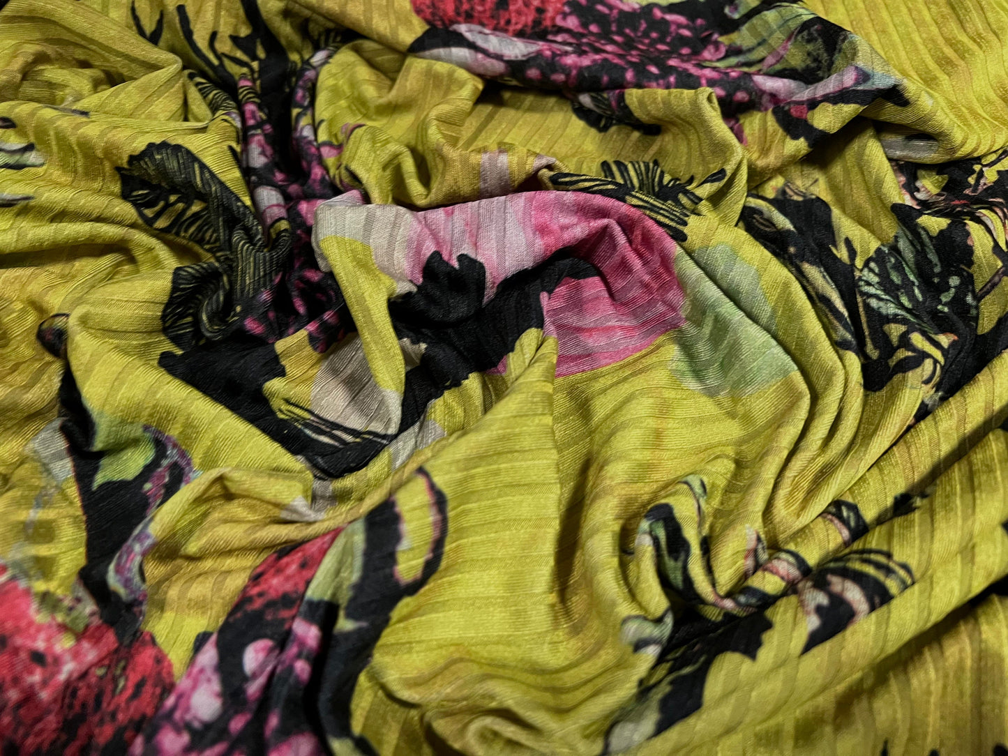 Spandex stretch rib jersey fabric, per metre - orchid flower print - lime & magenta