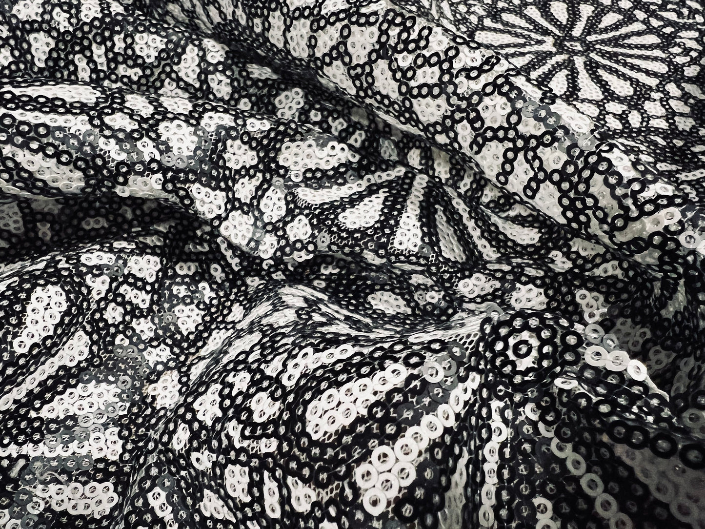 Couture designer fabric, per metre - sequin flowers design - dark grey & white