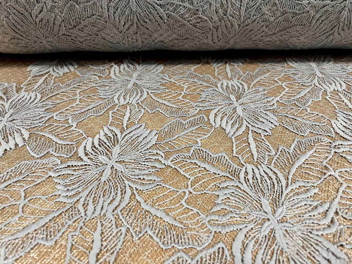 Embroidered chemical lace fabric, per metre - flower design - grey