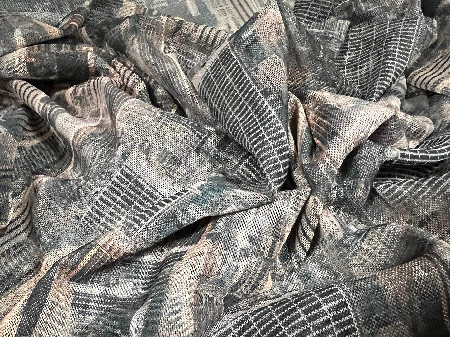 Power mesh net stretch fabric, per metre - Manhattan New York skyscraper print - grey & nude