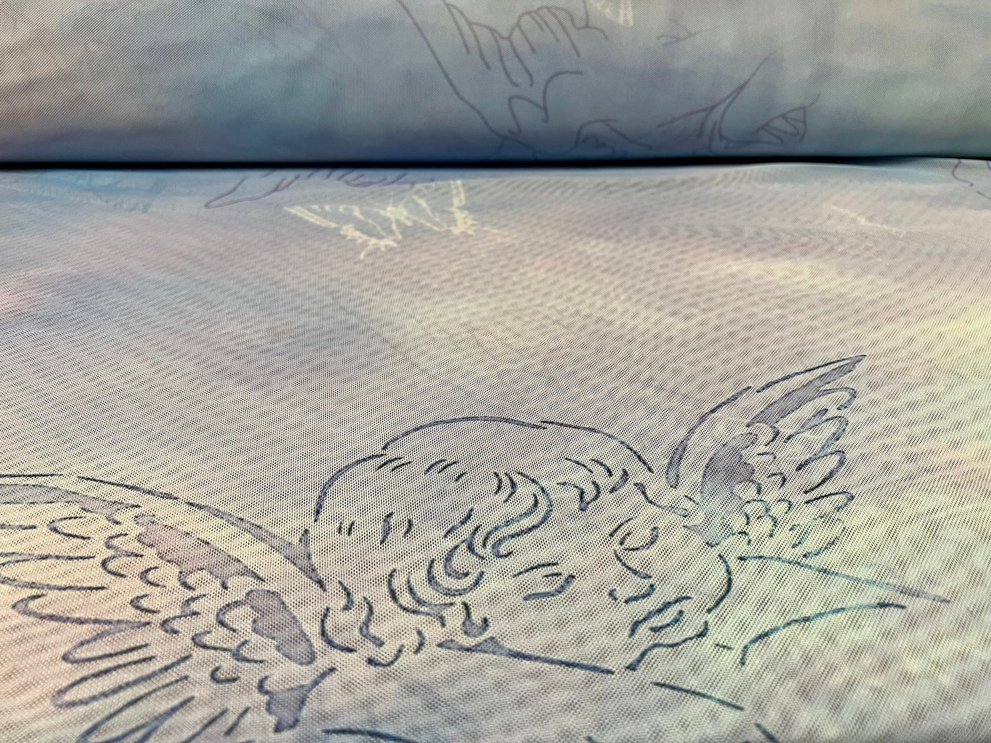 Power mesh net stretch spandex fabric, per metre - angels and butterflies print - lilac & turquoise