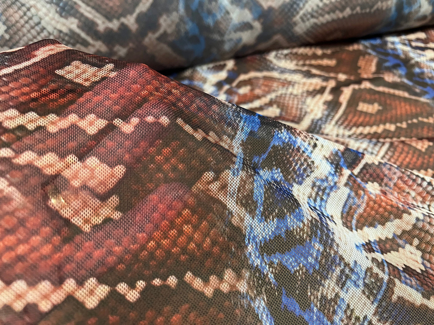 Power mesh net stretch spandex fabric, per metre - snakeskin print - brown & cobalt blue