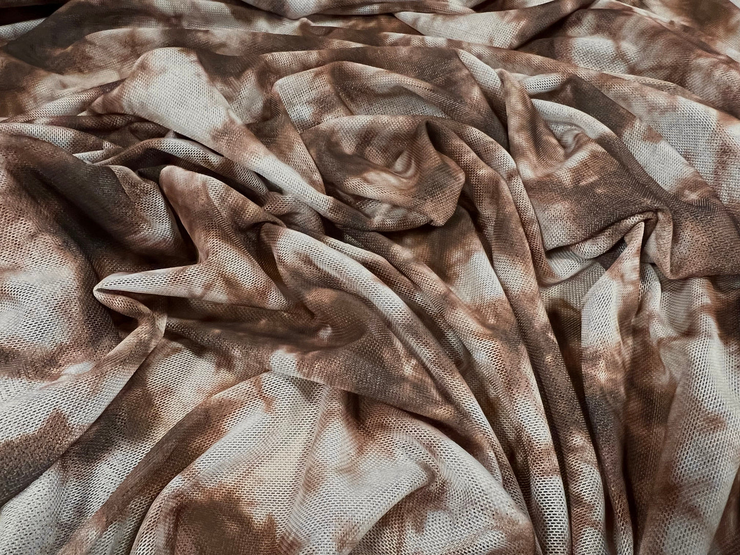 Power mesh net stretch spandex fabric, per metre - tie dye leaf print - brown stone