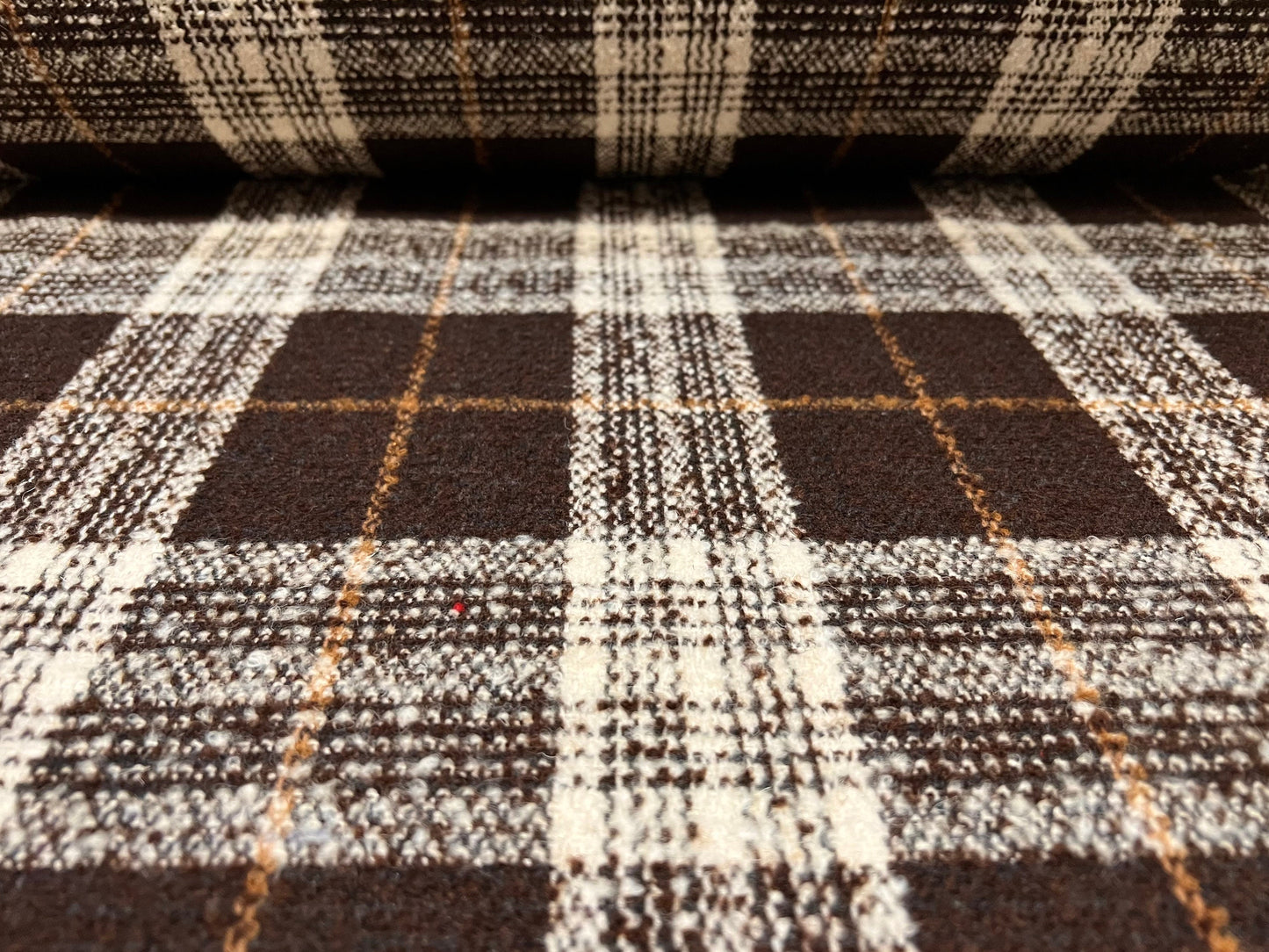 Wool blend bouclé heavyweight coat jacket fabric, per metre - check design - brown orange & cream