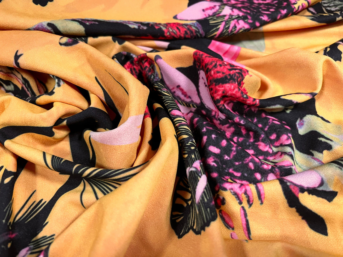 Valentino scuba style stretch jersey fabric, per metre - orchid flower print - gold