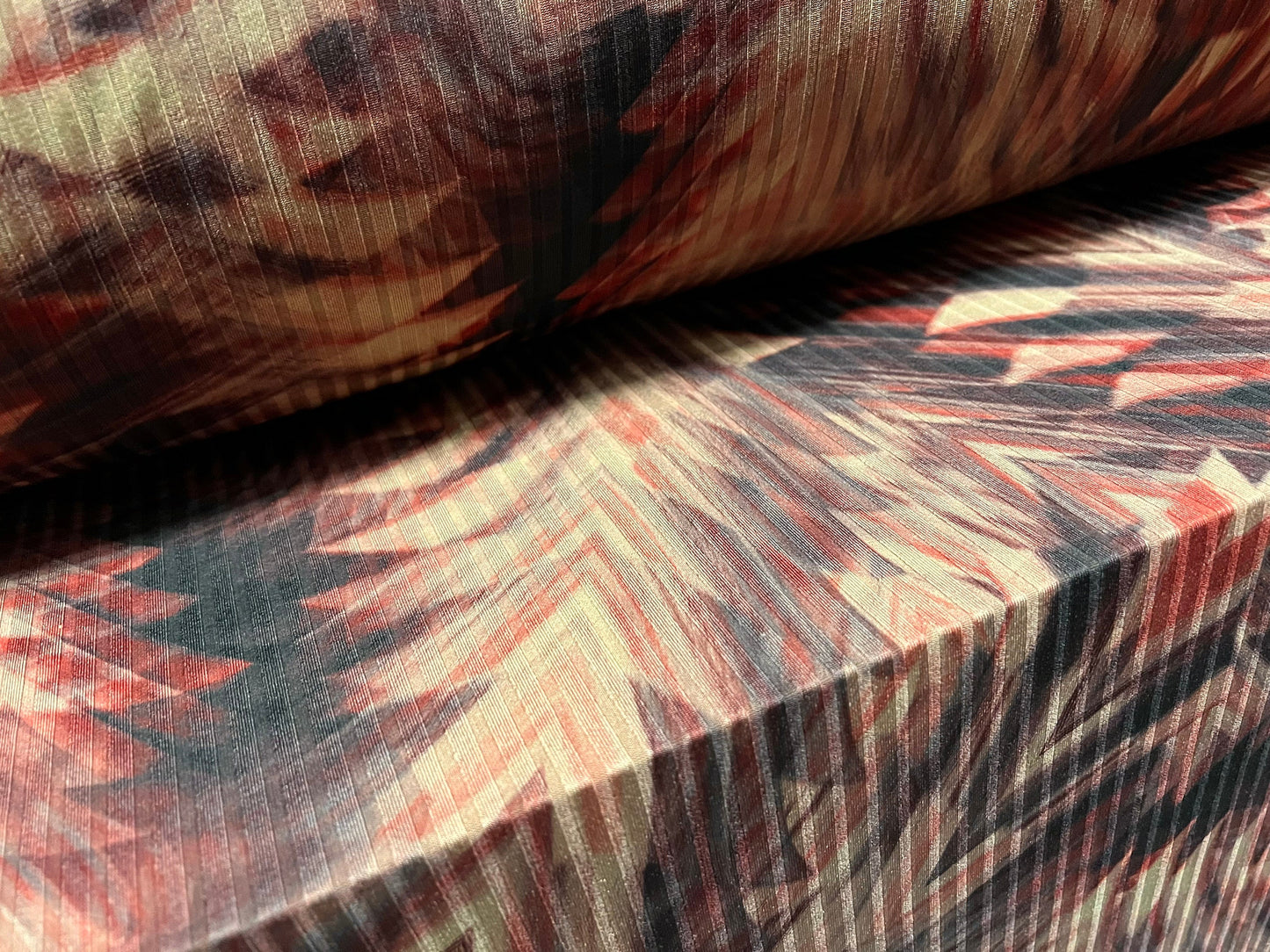 Spandex stretch rib jersey fabric, per metre - abstract leaf print - stone & red
