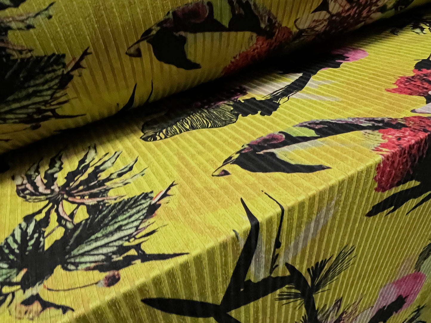Spandex stretch rib jersey fabric, per metre - orchid flower print - lime & magenta