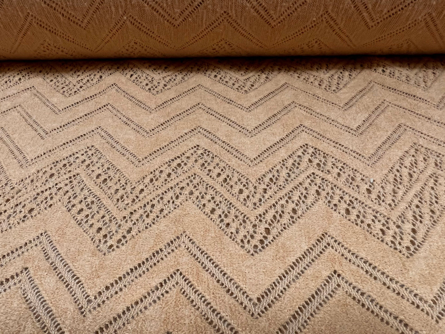 Wool blend crochet knit jersey fabric, per metre - chevron design - nude peach