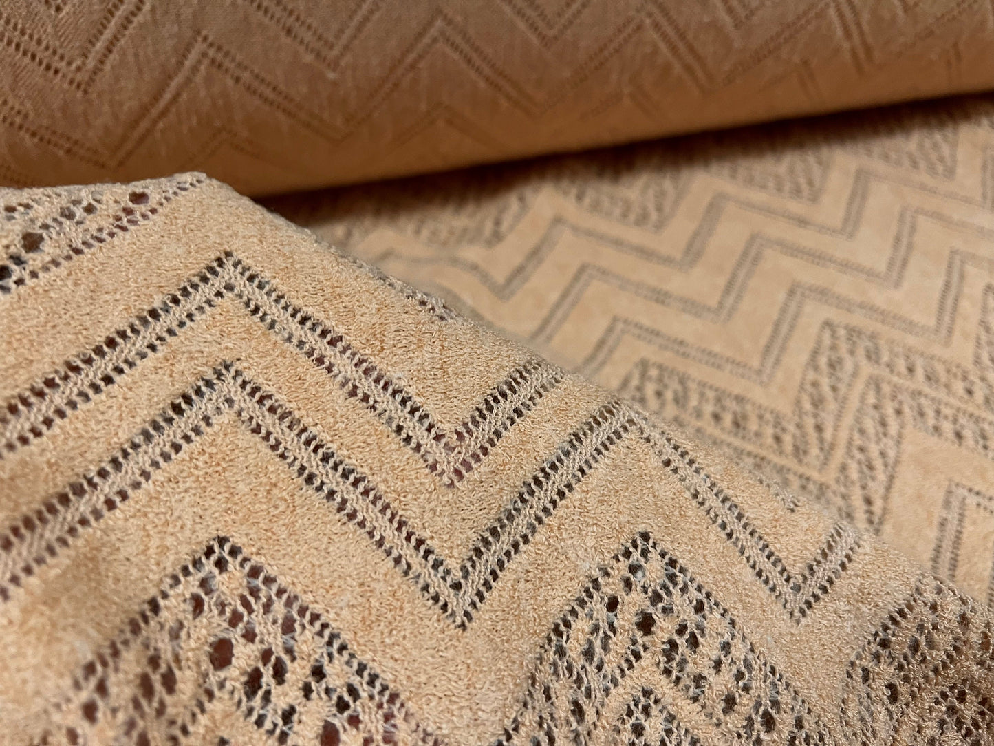 Wool blend crochet knit jersey fabric, per metre - chevron design - nude peach