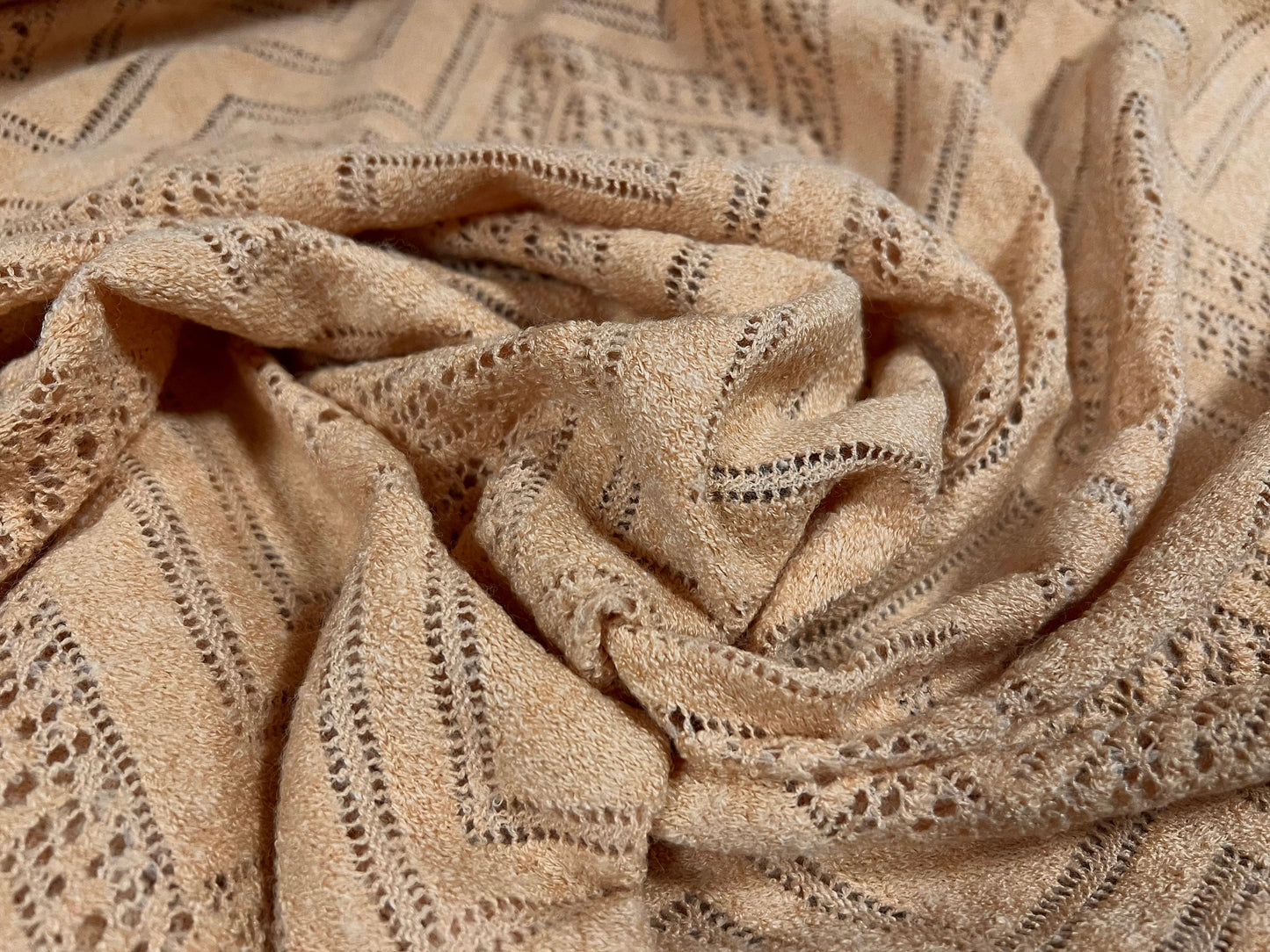Wool blend crochet knit jersey fabric, per metre - chevron design - nude peach