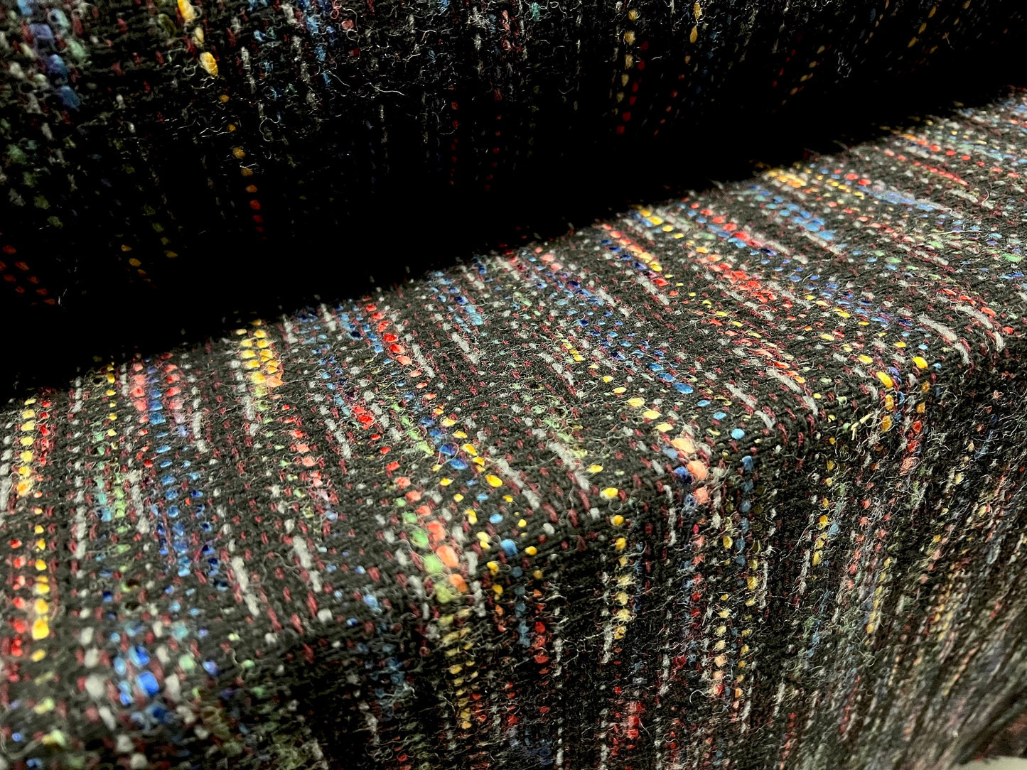 Wool blend bouclé fabric, per metre - black with multicolour slub design