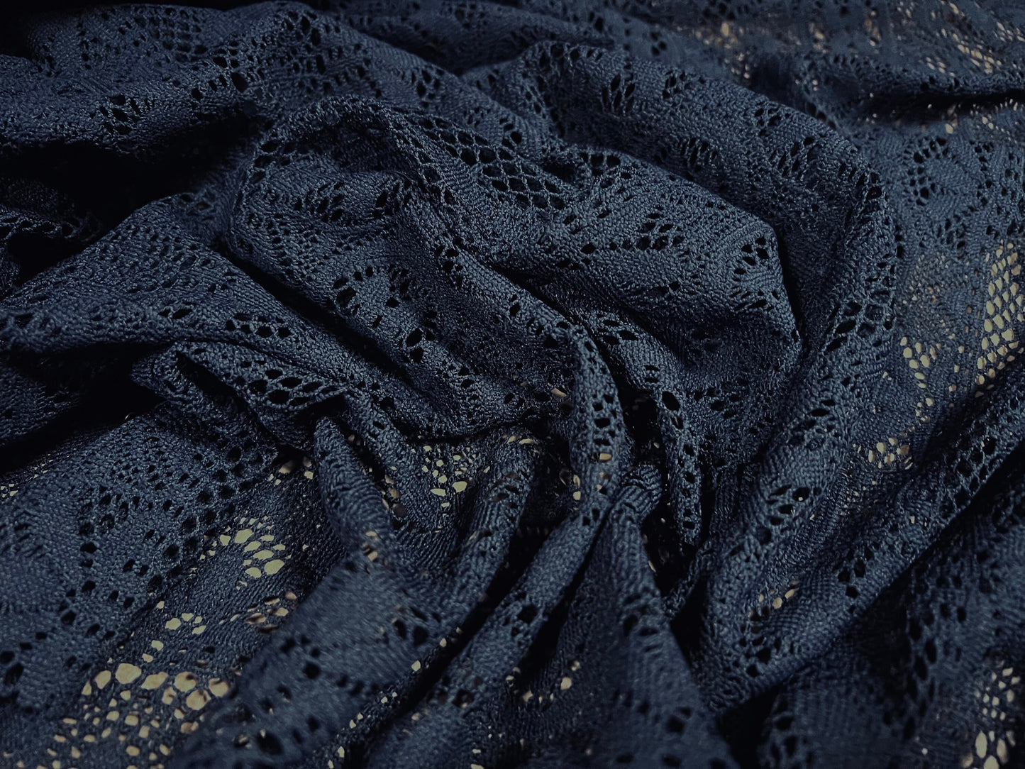 Soft handle crochet lace knit lace fabric, per metre - navy blue