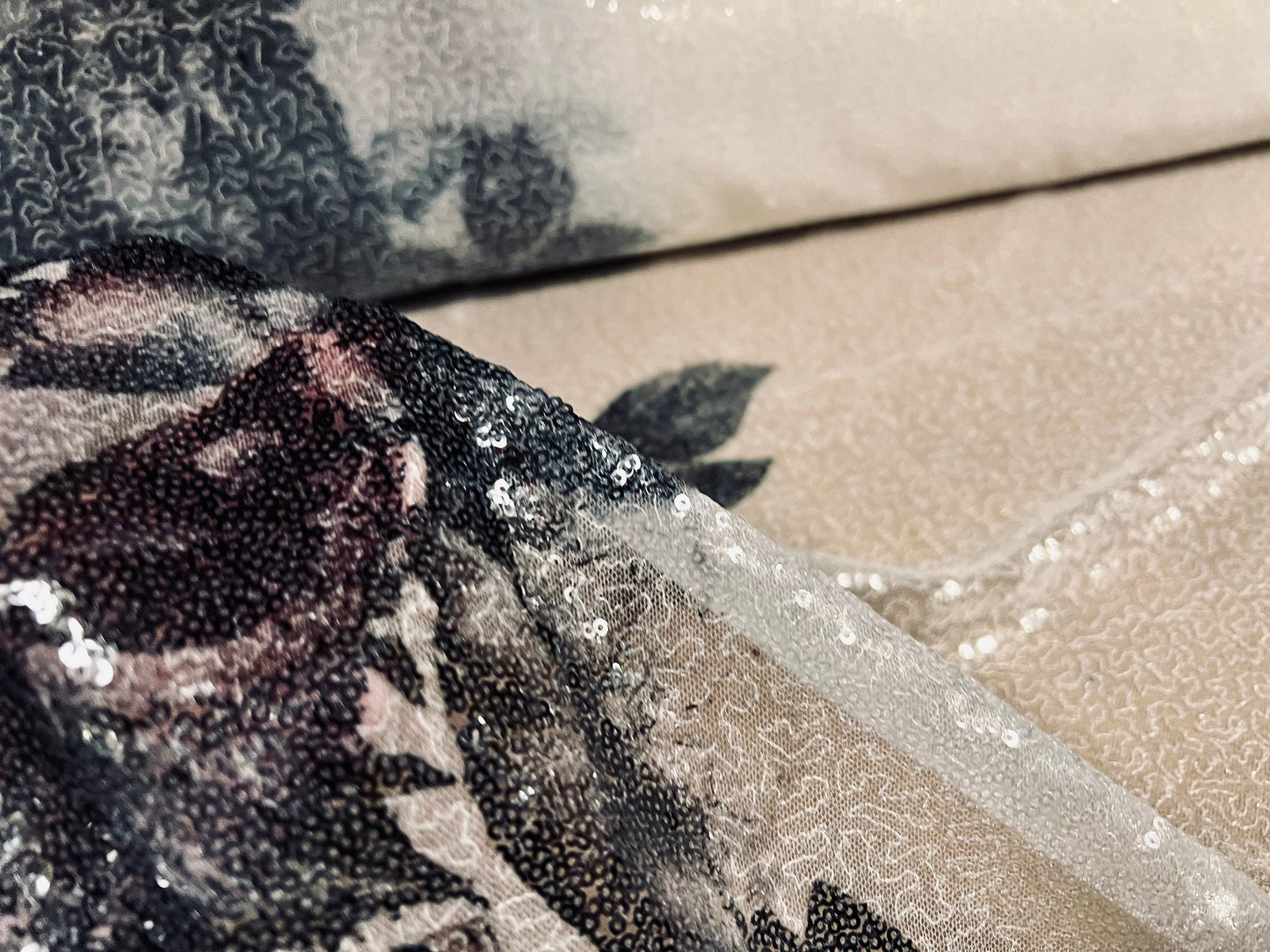 Couture designer fabric, per metre - rose flower double border design - charcoal & white