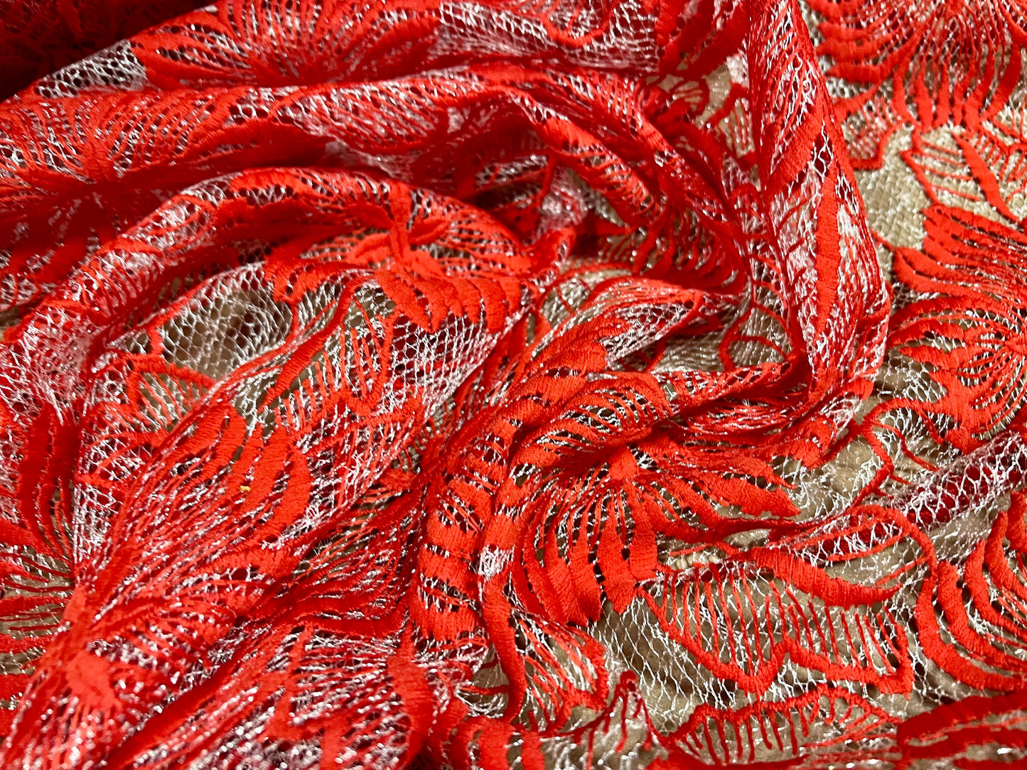 Embroidered chemical lace fabric, per metre - flower design - red