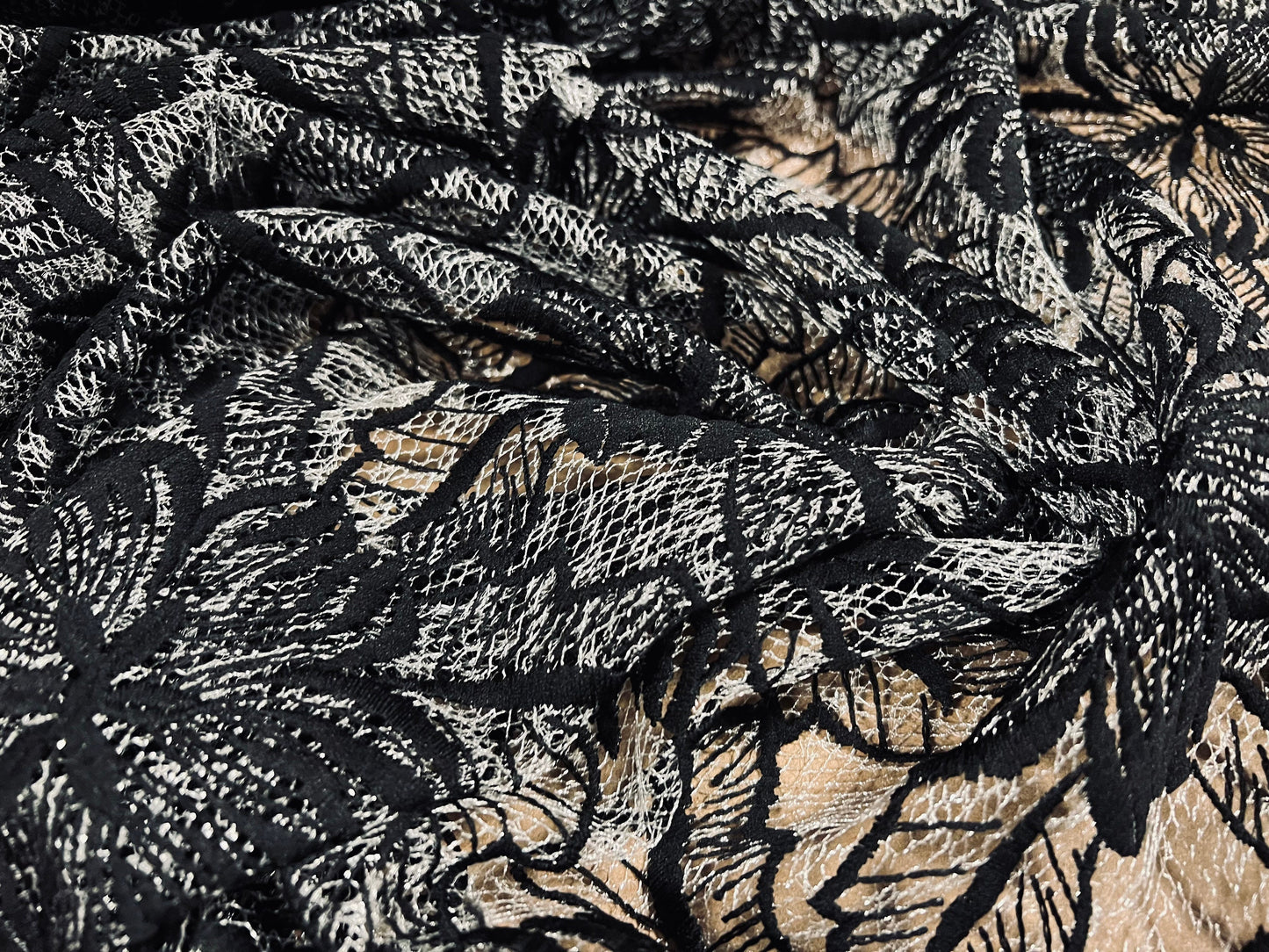 Embroidered chemical lace fabric, per metre - flower design - black