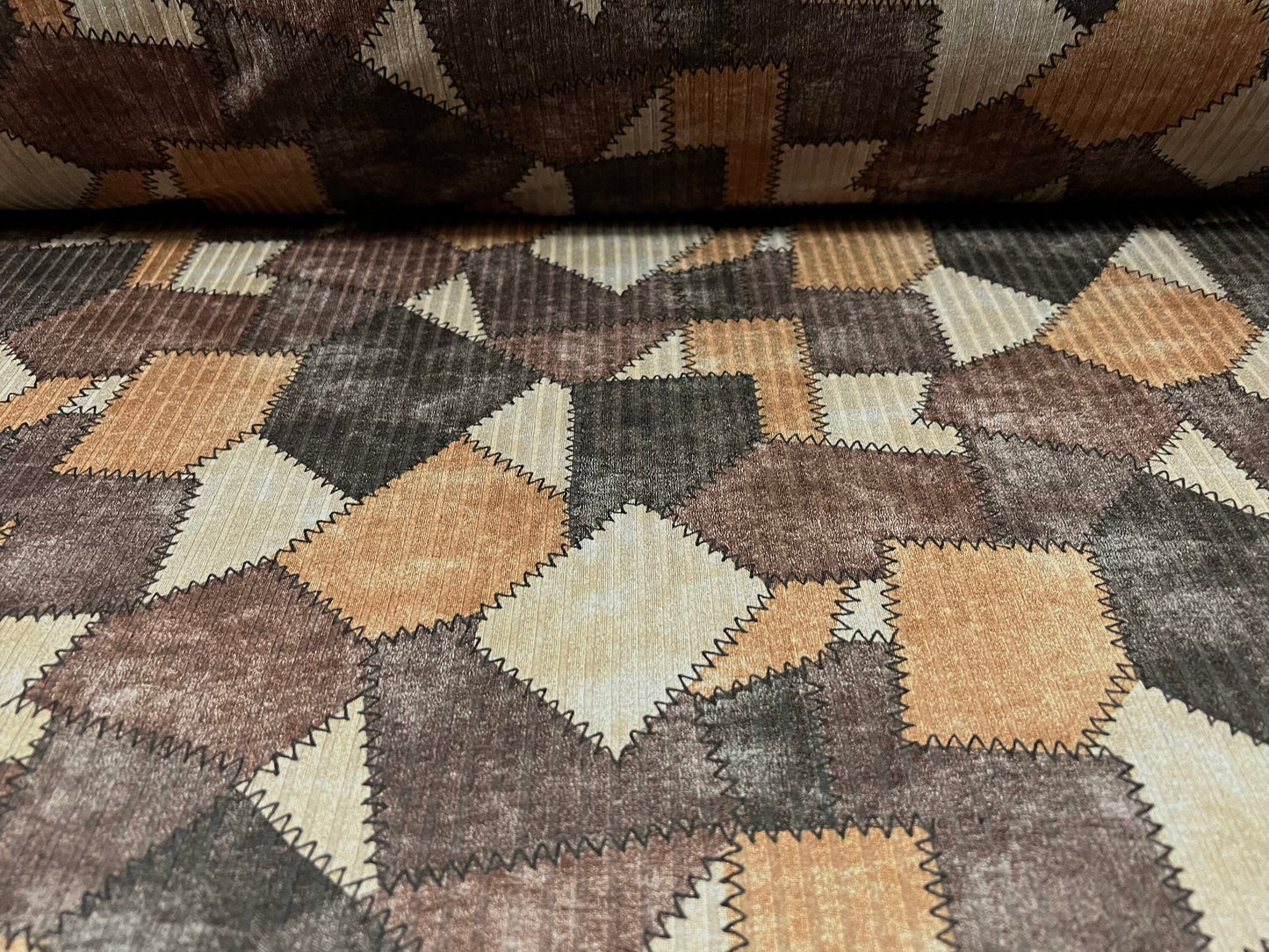 Recycled Spandex rib stretch jersey fabric, per metre - patchwork print - brown grey