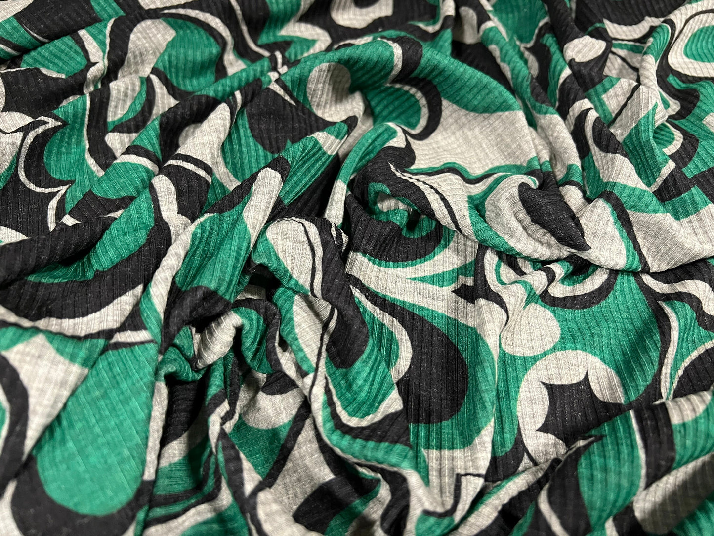 Spandex rib stretch jersey fabric, per metre - retro flower print - emerald green on grey marl