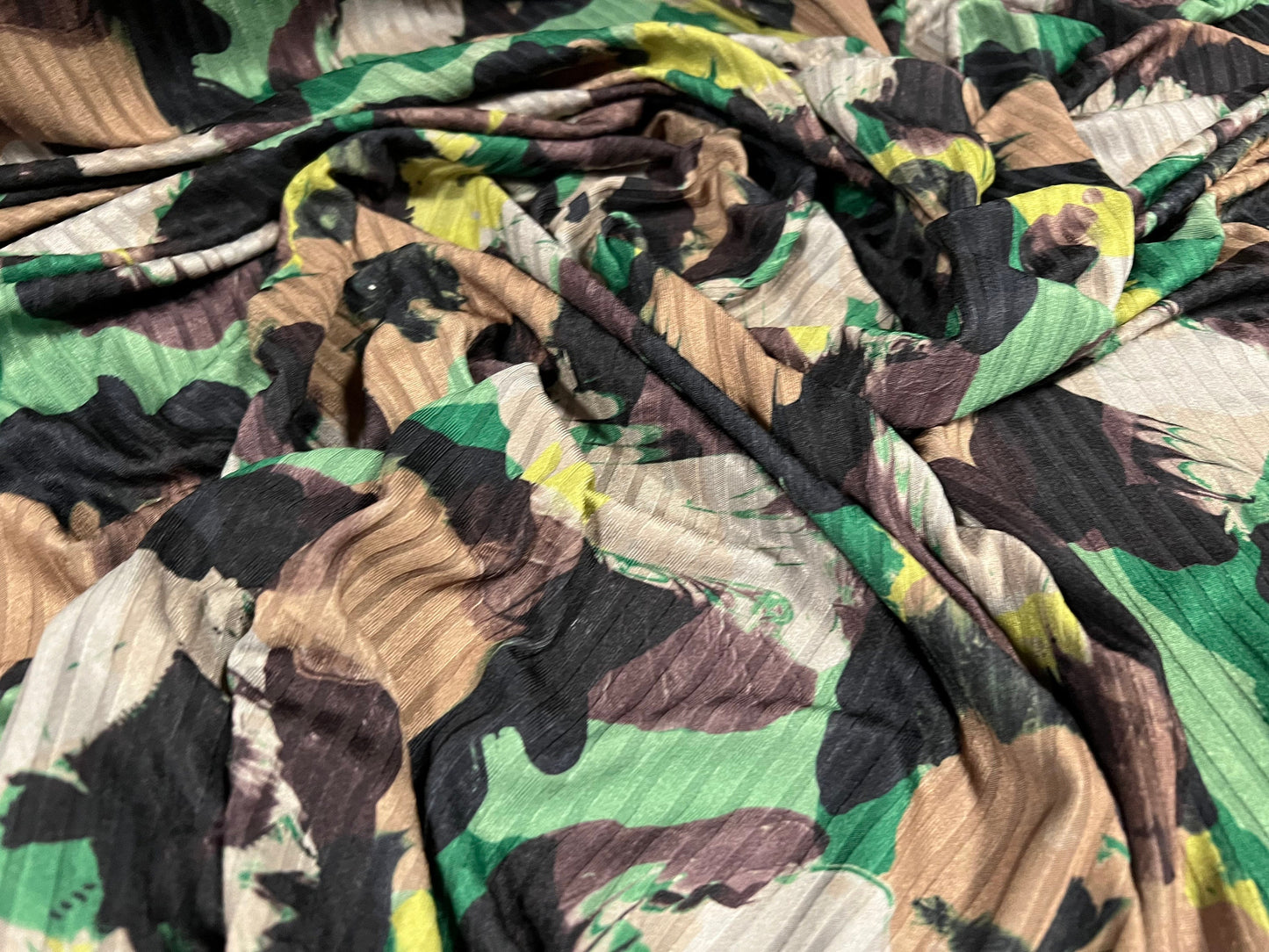Recycled Spandex rib stretch jersey fabric, per metre - stylised camouflage print - green & tan
