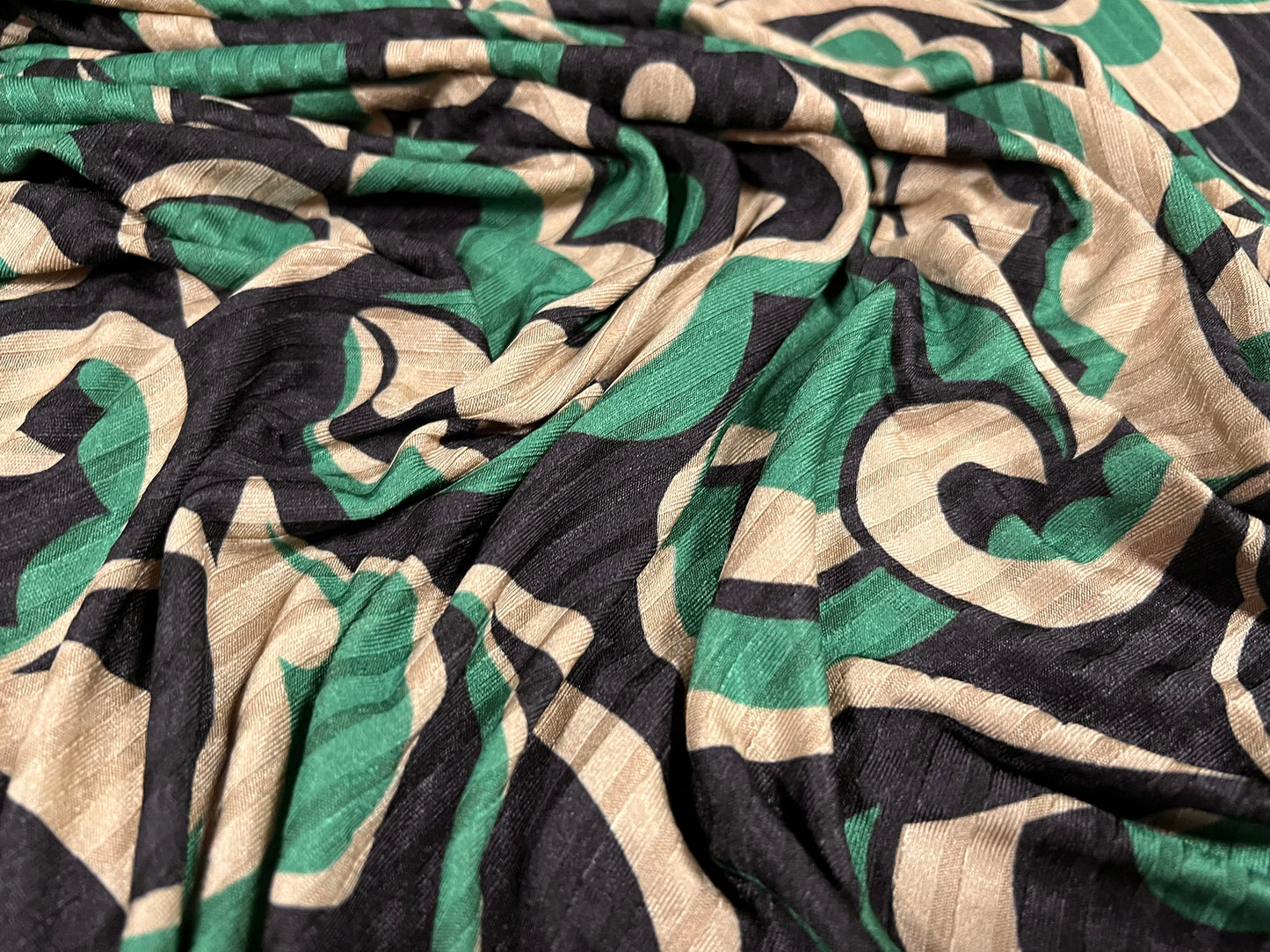 Recycled Spandex rib stretch jersey fabric, per metre - retro flower print - green & tan