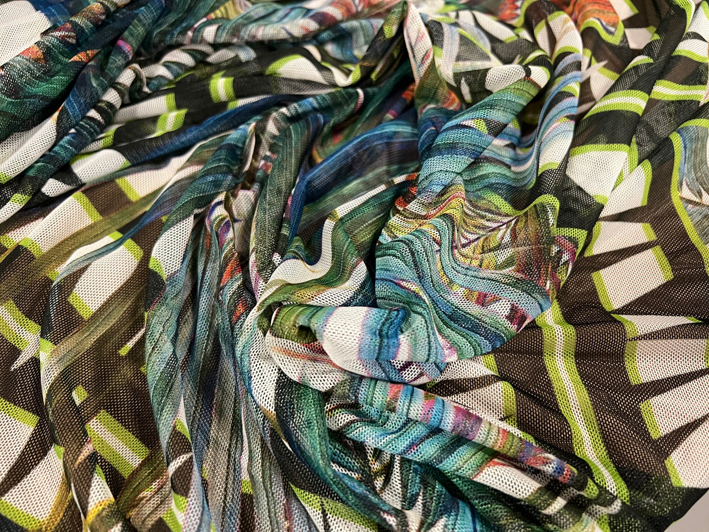 Power mesh net stretch spandex fabric, per metre - bamboo leaves in squares print - green blue white