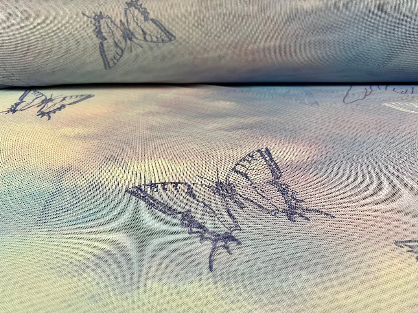 Power mesh net stretch spandex fabric, per metre - angels and butterflies print - lilac & turquoise