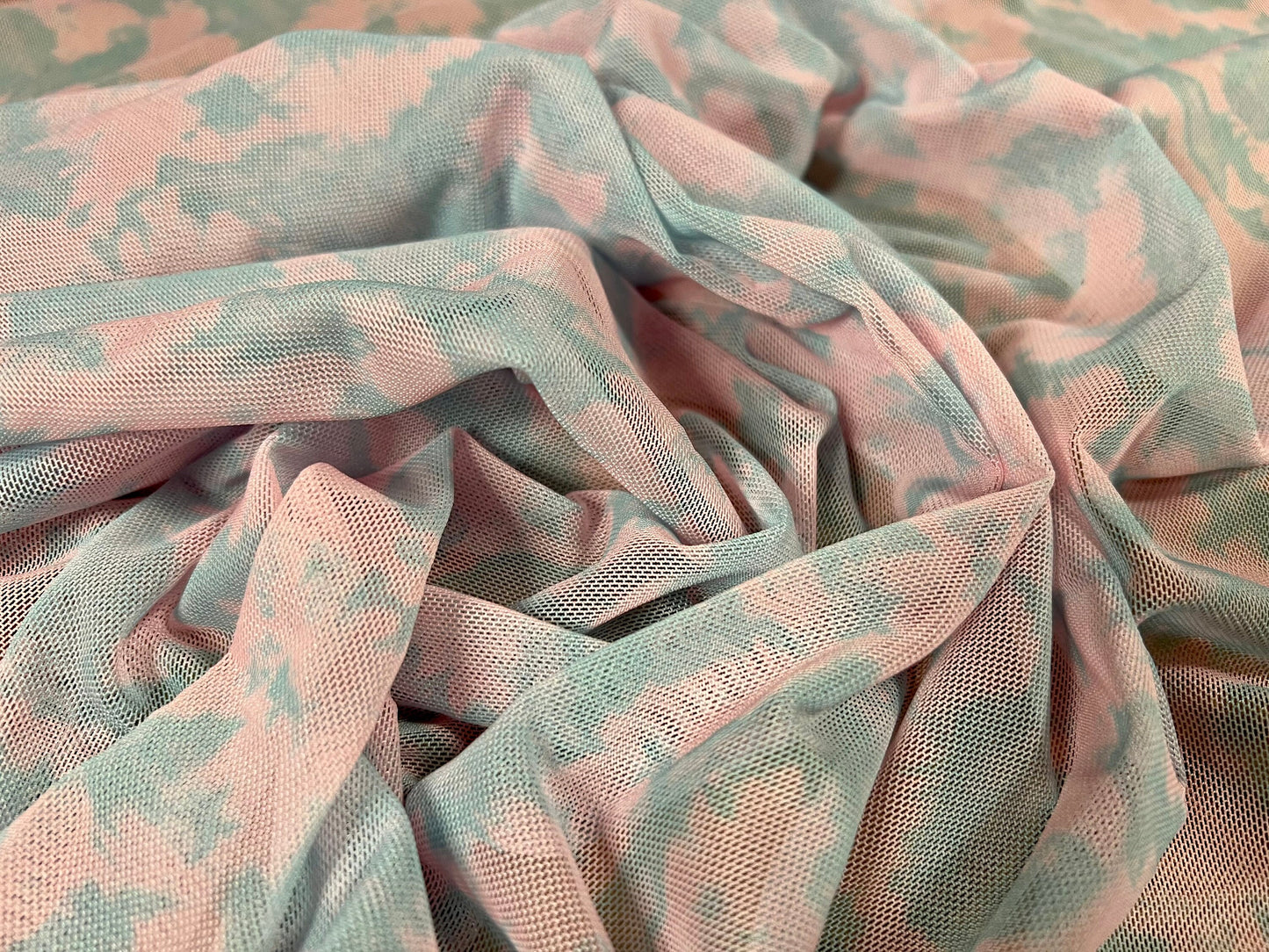 Power mesh net stretch spandex fabric, per metre - abstract print - pale pink & blue