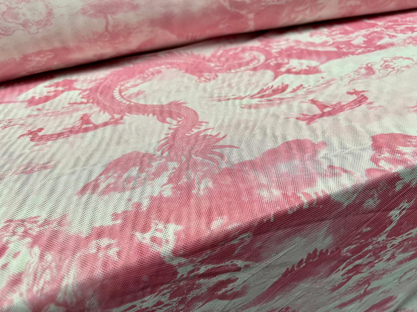 Power mesh net stretch spandex fabric, per metre - Oriental dragon and pagoda print - blush pink