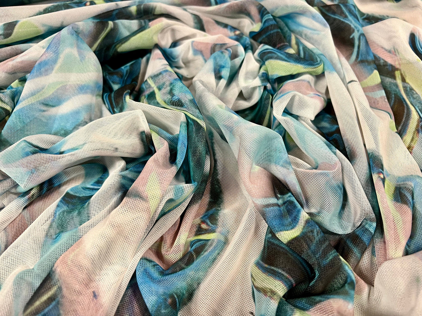Power mesh net stretch spandex fabric, per metre - distressed swirl print - turquoise & lime