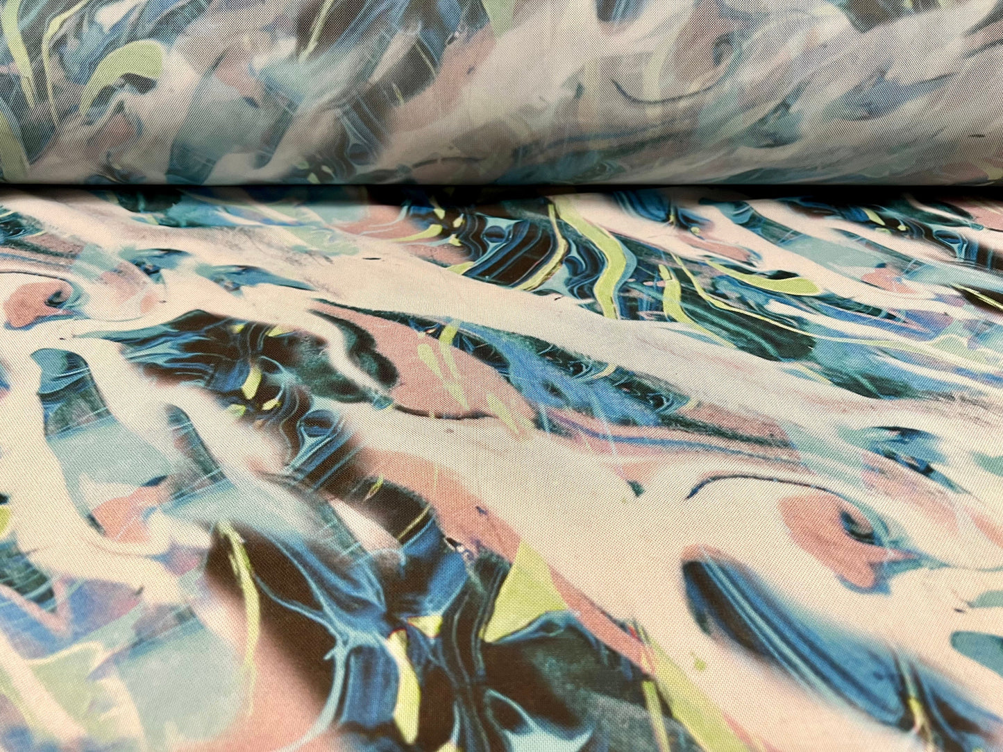 Power mesh net stretch spandex fabric, per metre - distressed swirl print - turquoise & lime