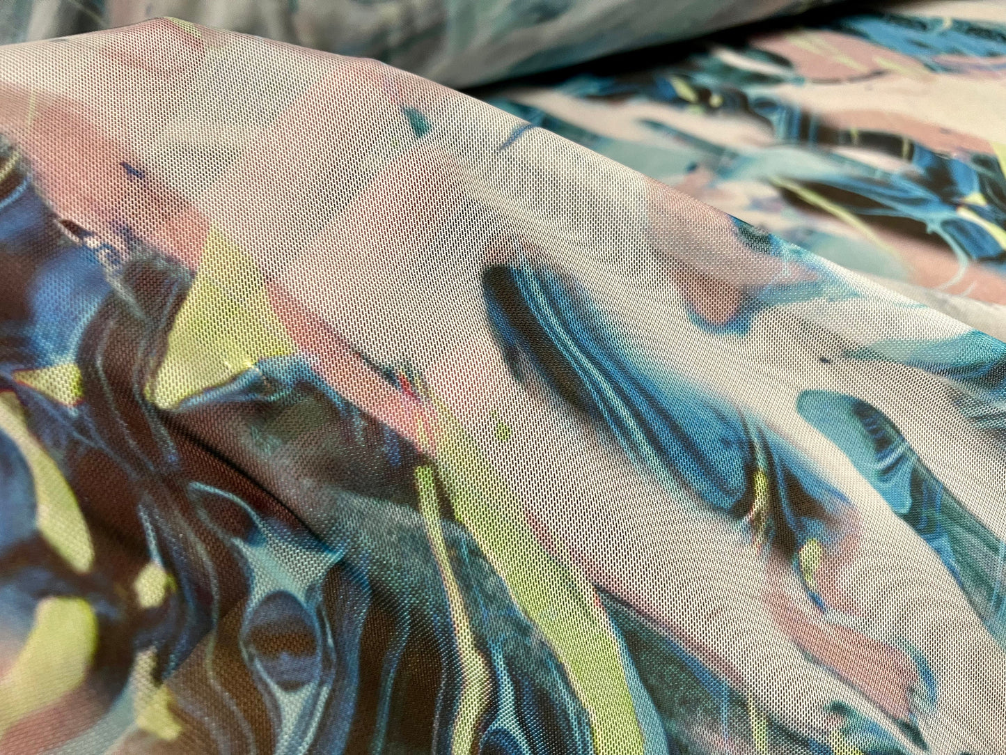 Power mesh net stretch spandex fabric, per metre - distressed swirl print - turquoise & lime