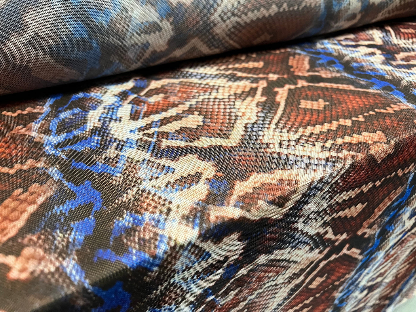 Power mesh net stretch spandex fabric, per metre - snakeskin print - brown & cobalt blue