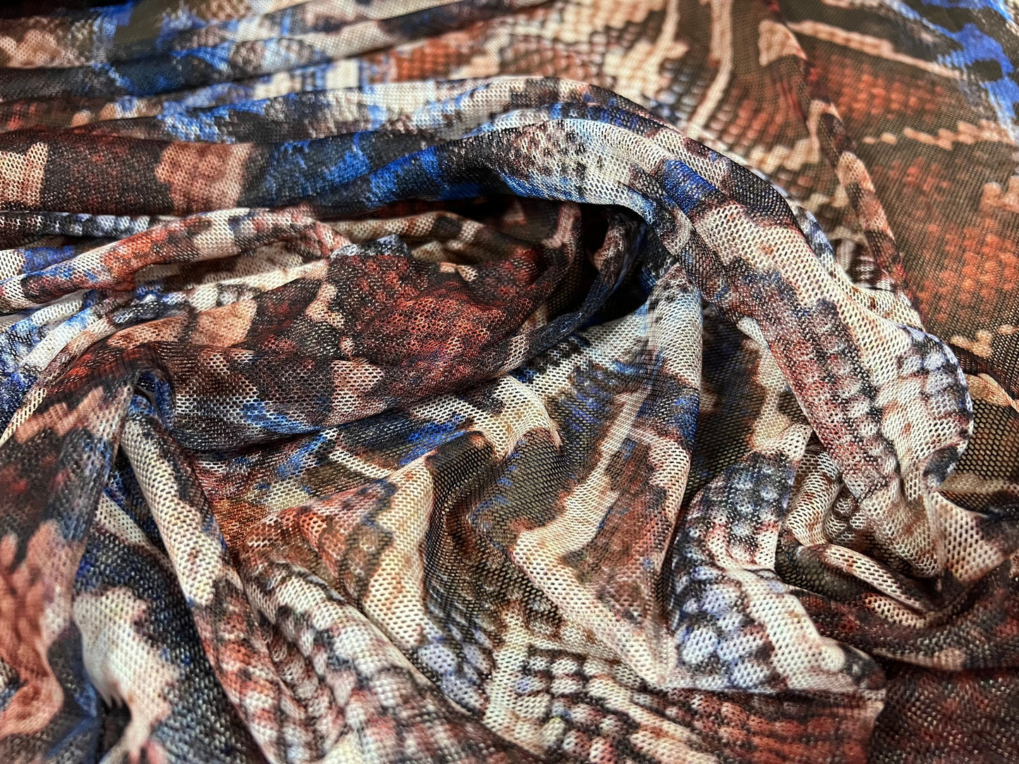 Power mesh net stretch spandex fabric, per metre - snakeskin print - brown & cobalt blue