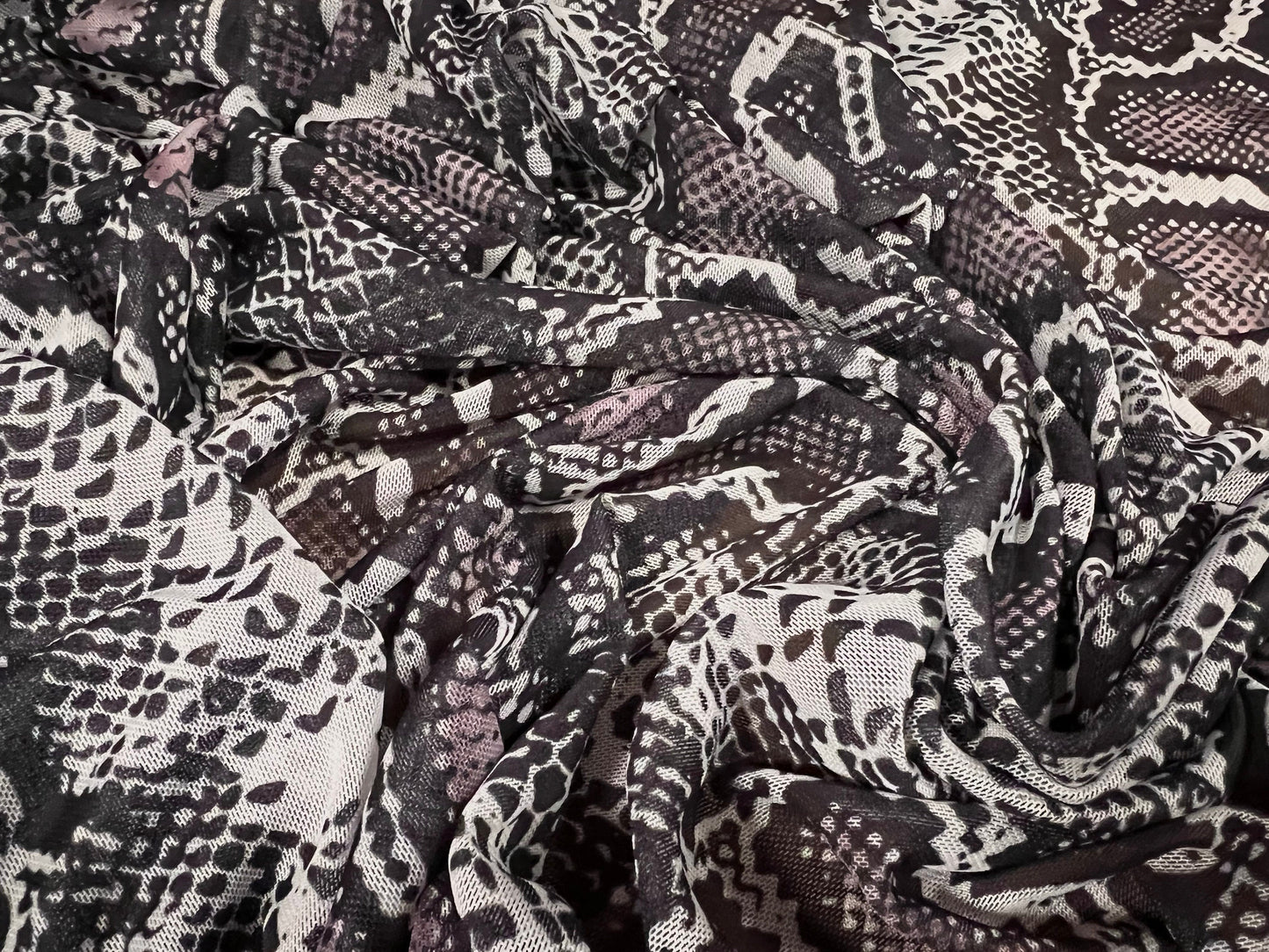 Power mesh net stretch spandex fabric, per metre - snakeskin print - black & aubergine