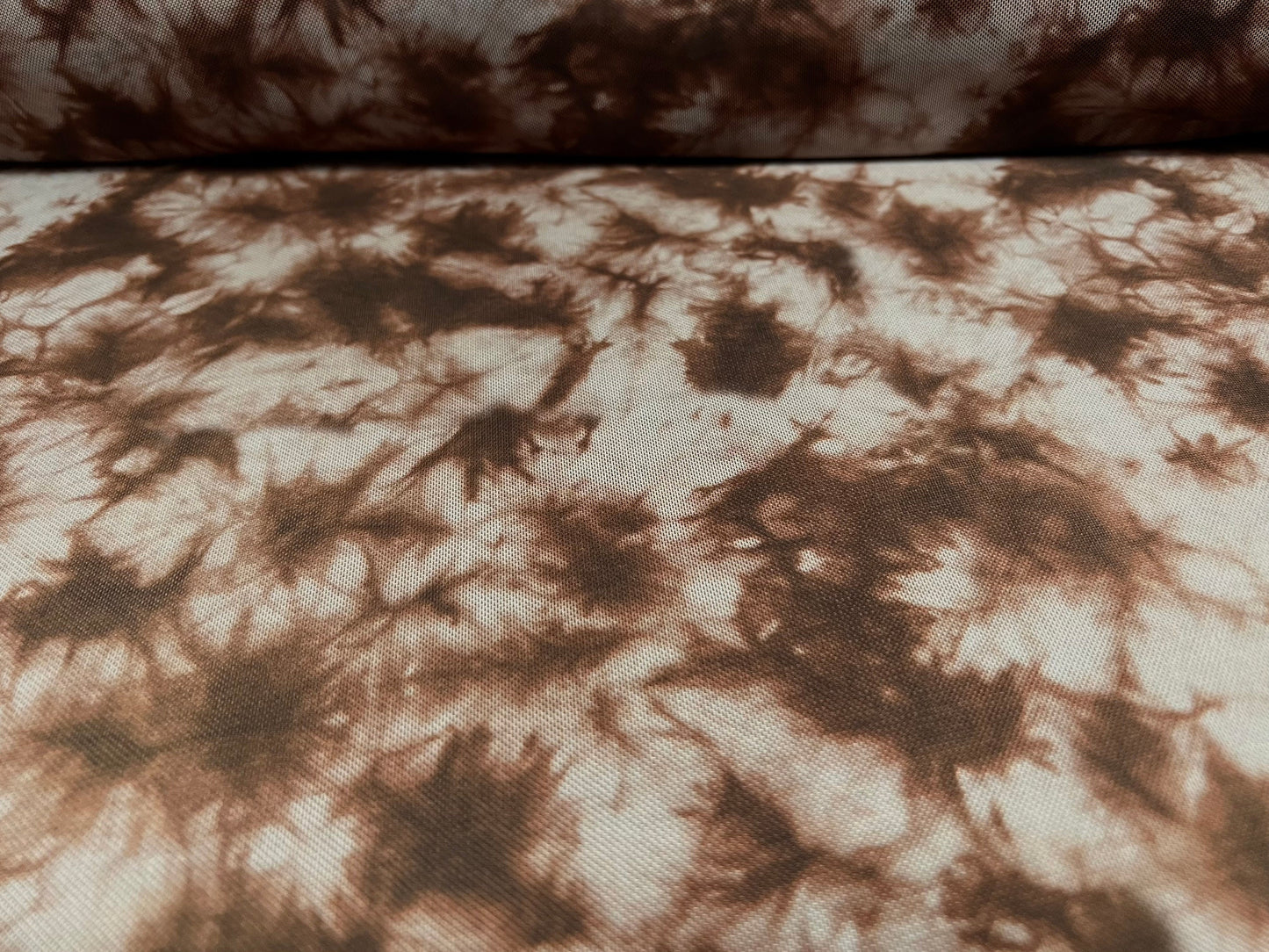 Power mesh net stretch spandex fabric, per metre - tie dye leaf print - brown stone