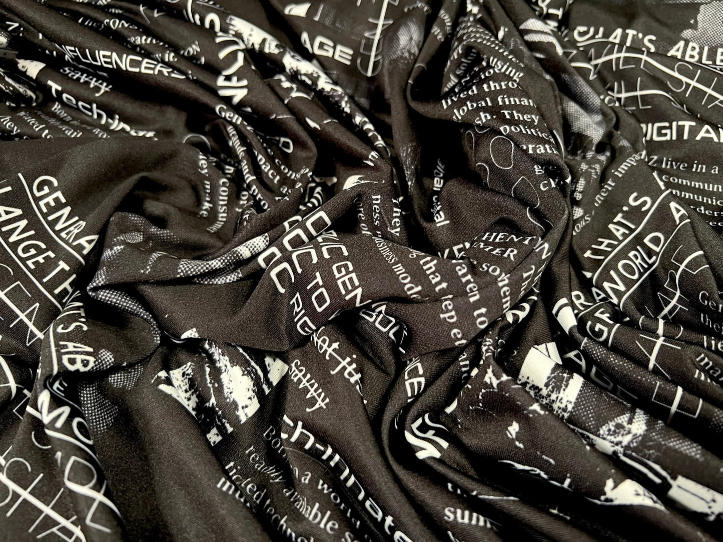Soft touch stretch spandex single jersey fabric, per metre - Generation Z New Age influencer print