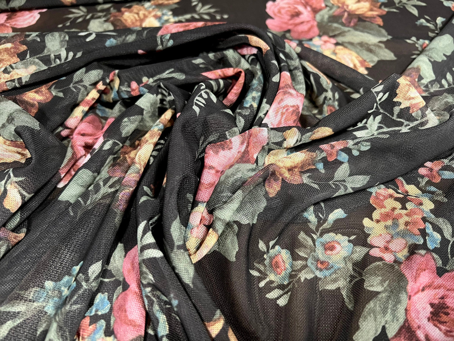 Power mesh net stretch spandex fabric, per metre - rose flower print - black pink gold